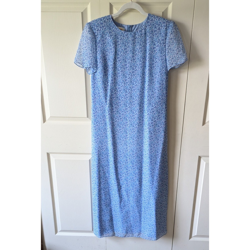 Vtg Talbots Ditsy Floral Maxi Dress Sz 8 Blue Short Sleeve Chiffon Cottagecore
